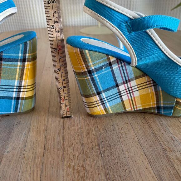 Vintage Y2K Blue Plaid Wedge Sandals Slingback Canvas Platform Shoes Size 7.5 - Picture 8 of 8